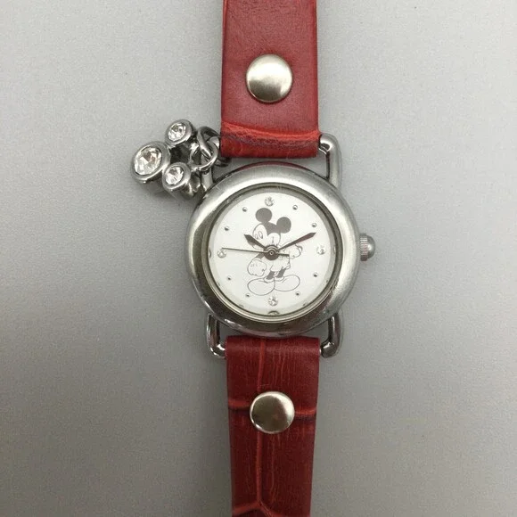 Disney Watch Women Mickey Mouse 22mm Silver Tone Leather Band Charm New Battery - Picture 8 of 15